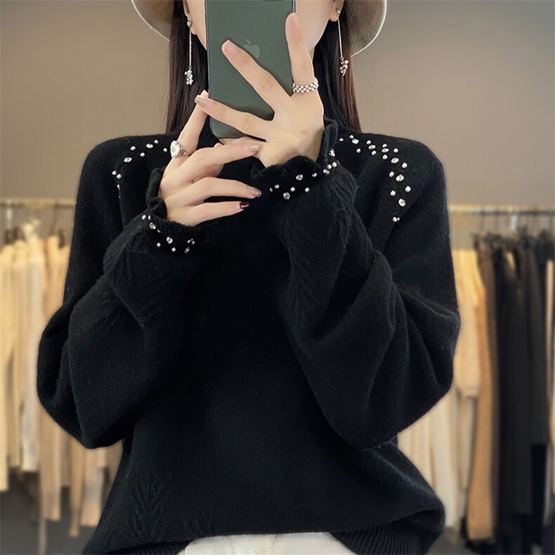 公主袖高领2024年秋季简约纯色时尚套头羊毛衫,女装羊毛衫,片语羊绒
