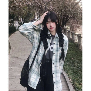 TC616-P45春季薄款森系清新绿色格子衬衫女衬衣外搭开衫慵懒风
