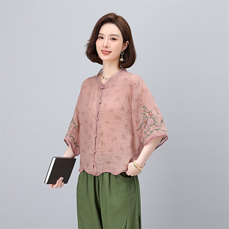 美衣重工刺绣双支苎麻衬衫女气质绣花衬衣春款长袖单排扣上衣蕾丝,女装衬衫,凝聚力