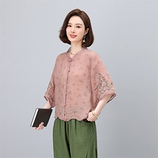 美衣重工刺绣双支苎麻衬衫女气质绣花衬衣春款长袖单排扣上衣蕾丝，女装衬衫，凝聚力