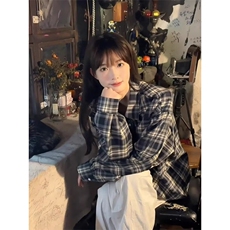 美式复古撞色格子长袖衬衫男女情侣春秋宽松高级感独特百搭上衣潮，男装衬衫，星座506A