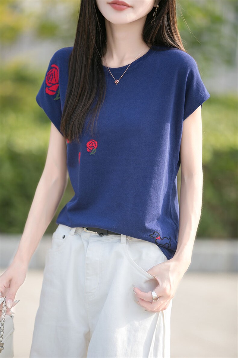 2025夏季新款圆领玫瑰提花短袖女莱塞尔天丝宽松洋气百搭薄款针织,针织衫/毛衣,萱芳婷羊绒