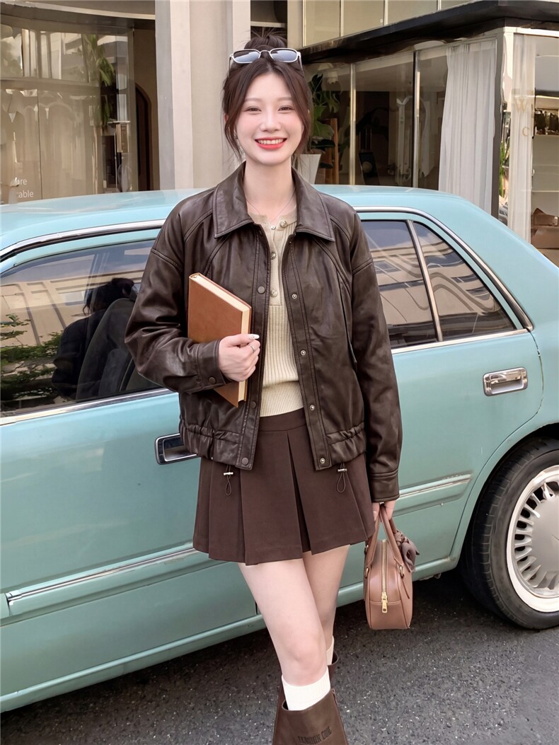 2026秋季新款皮衣抽绳蛋白皮PU短外套显瘦百搭,女装皮衣,