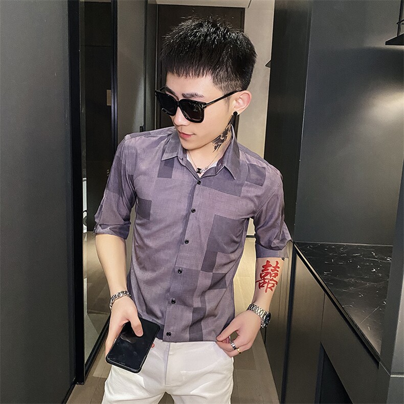 312A-110-P55新款社会小伙中袖衬衫韩版潮流男士五分袖衬衣A,男装T恤,星座312A-5