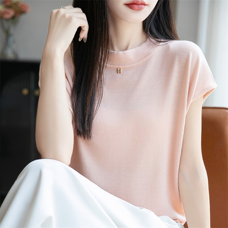 宽松天丝针织t恤短袖百搭纯色体恤女25夏季新款薄款,女装T恤,羿纯羊绒高端店