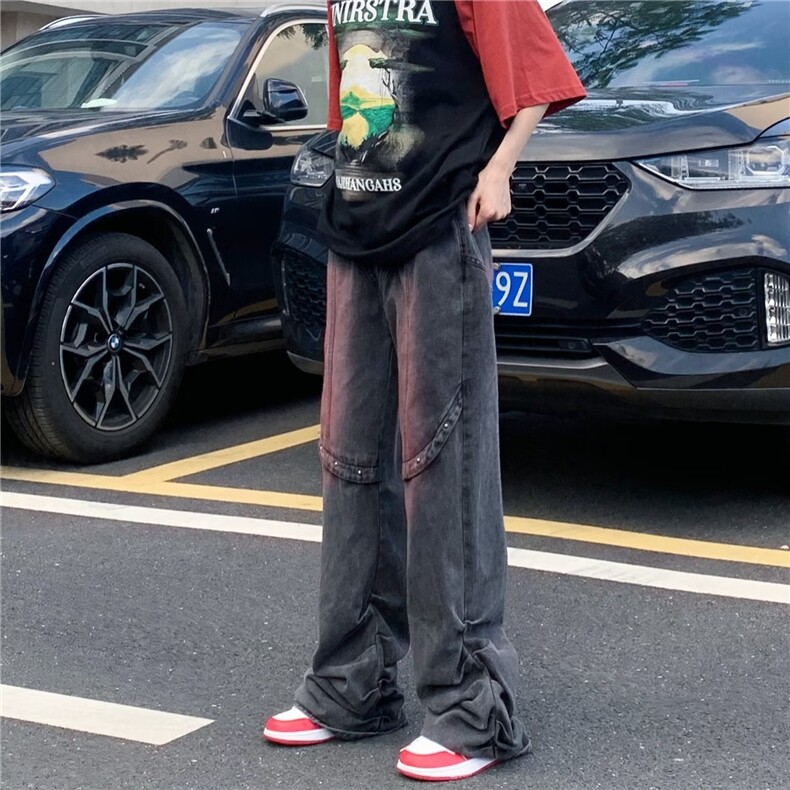 ins高街撞色美式抽褶夏季直筒牛仔裤男女宽松裤子BK69-P78,男装牛仔裤,星座1109-3