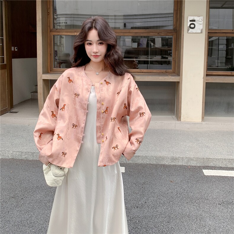新中式潮风小马刺绣短外套H261P175K288,女装短外套,红龙果