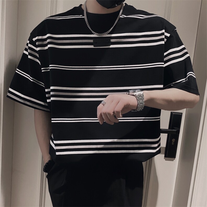 T003/特48控68-夏季社会小伙高级潮流设计拼接条纹短袖T恤男黑首2，男装T恤，星座305B-1