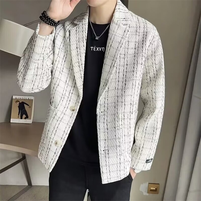 春秋季韩版潮流小香风西装外套男潮牌痞帅格子休闲西服高级感夹克图片