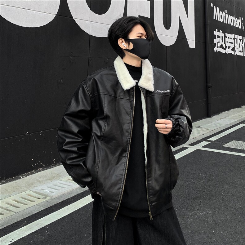 美式复古加绒保暖羊羔绒PU皮衣外套男宽松版加厚棉衣机车棉服p128，男装皮衣，电商C307