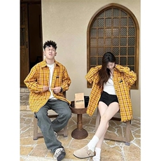 C09-P30美式复古街头风拼色格纹衬衫男秋款小众衬衣外套，男装衬衫，电商B323A