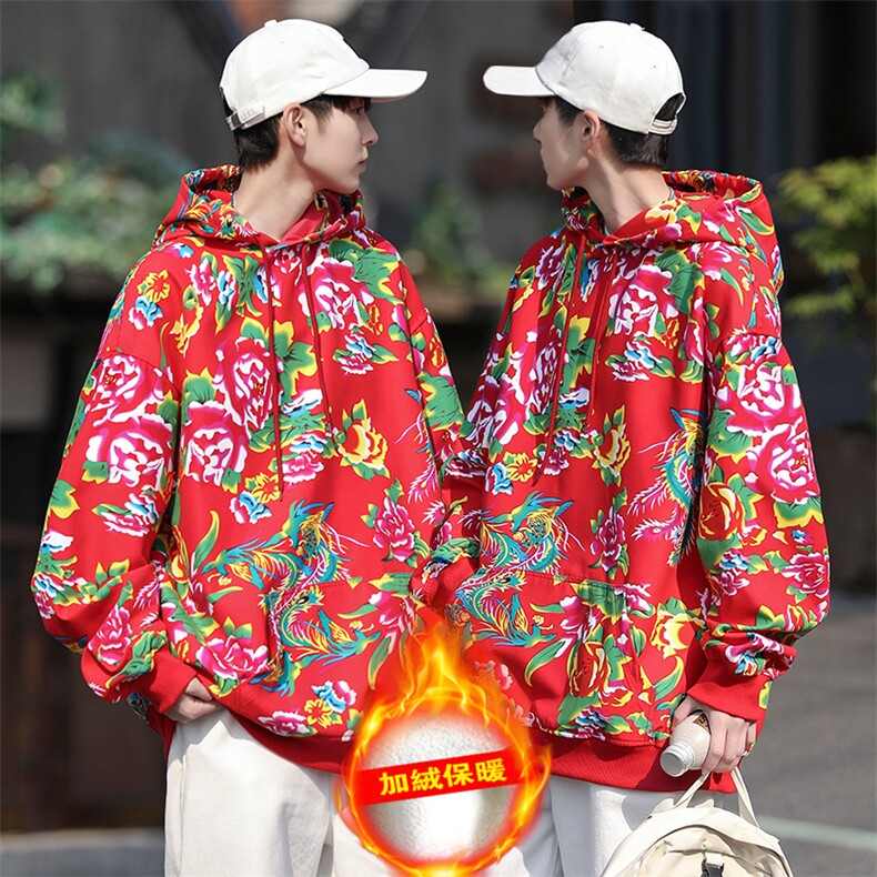 W204加绒连帽保暖防寒卫衣外套大码宽松风东北大花汉服团队服图片