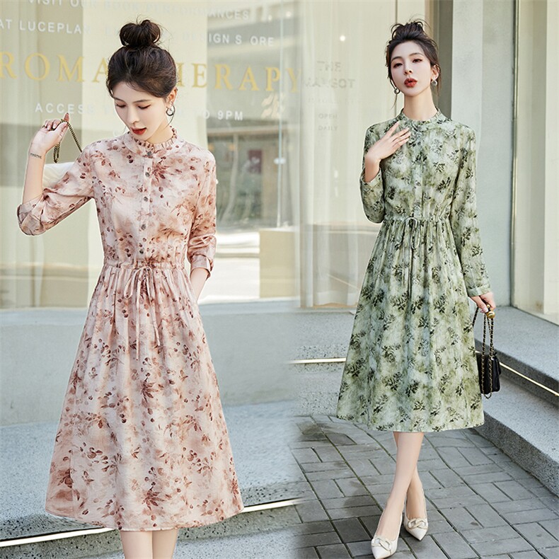 2024春季时尚简约百搭花色棉麻风长袖长款连衣裙，女装连衣裙，鑫思依格