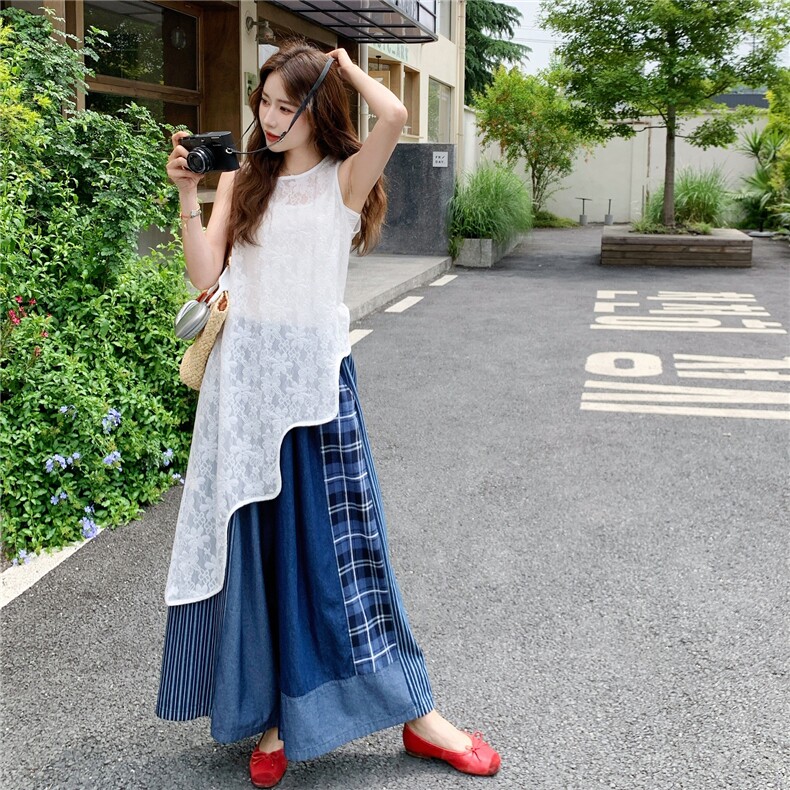 盐系叠穿不规则罩衫套装女2025夏季新款吊带做旧拼接阔腿裤三件套,女装套装/套裙,2C115