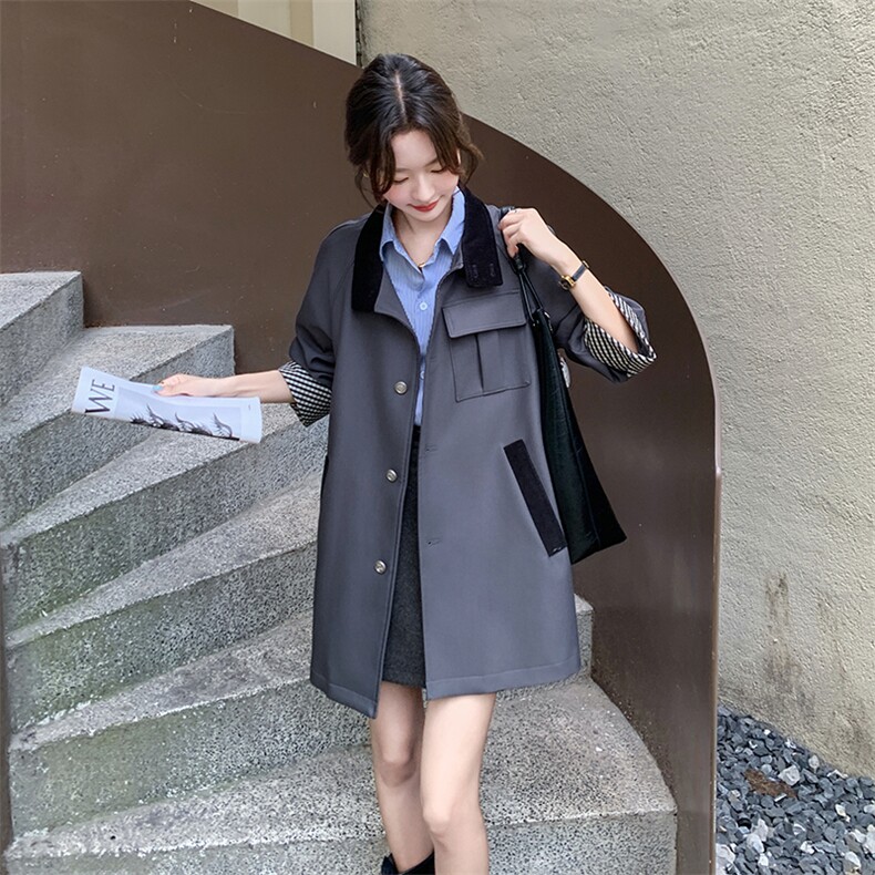 格子拼接灰色风衣外套女春季中长款小个子韩系高级感设计感流行,女装风衣,慧峰