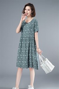 2021年夏季通勤韩版中长款A字裙40-49周岁高腰短袖圆领裙子图片