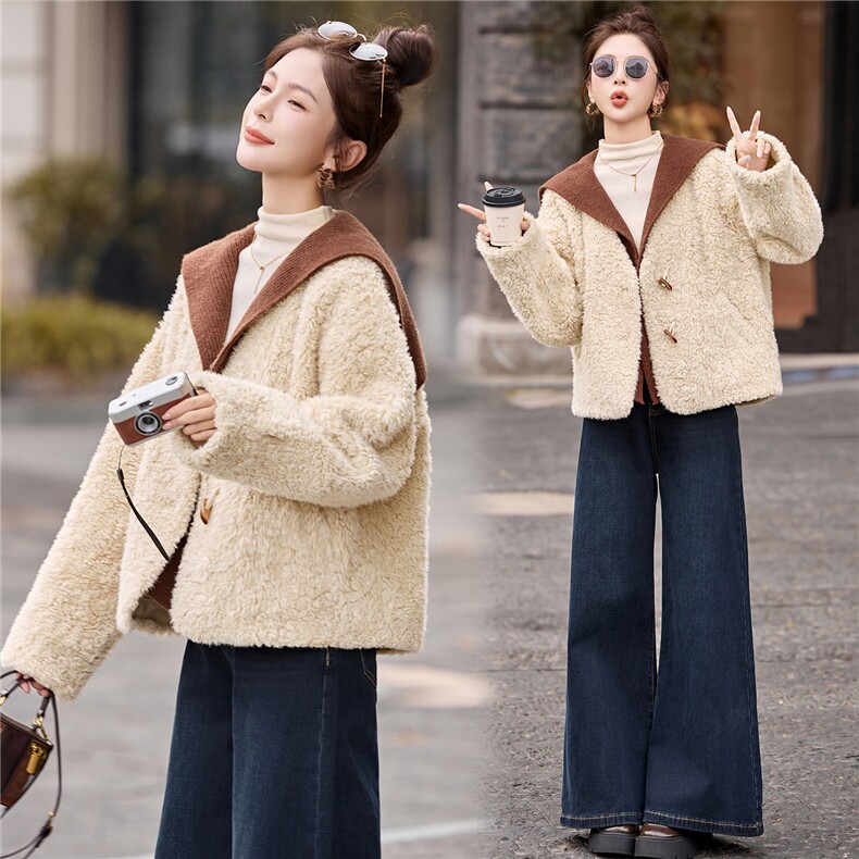 2025年冬季新款时尚撞色披肩假两件羊糕毛皮毛一体外套，女装毛呢外套，蓝诺裳