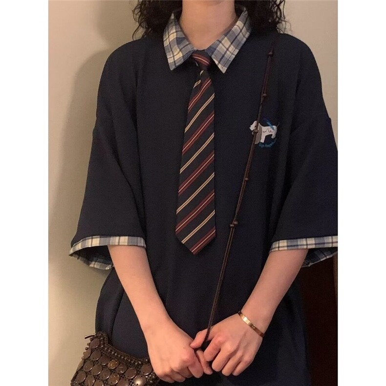 CP1196-P33夏季宽松休闲学院风假两件短袖T恤上衣配领带，男装T恤，电商B323A