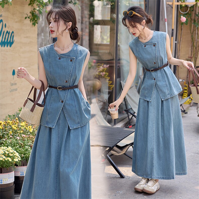 牛仔套装裙2025夏日新款巨好看的韩系松弛感老钱小香风无袖穿搭女，女装套装/套裙，依路服饰