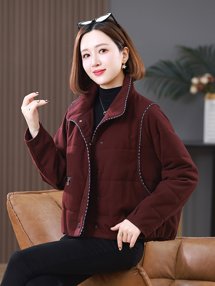 2025冬装新款短款明线装饰翻领棉衣外套,女装棉衣/棉服,雪樱依海