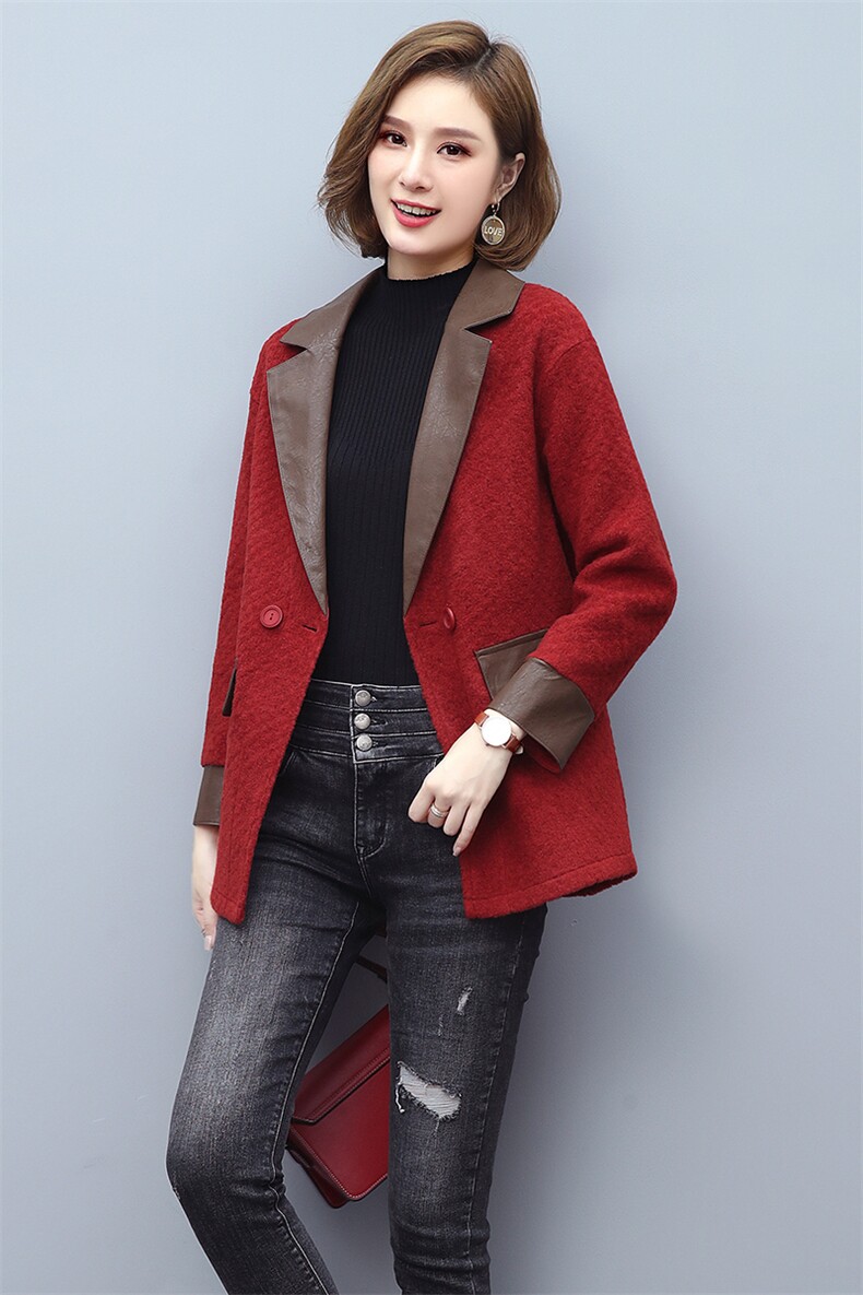 2021秋冬季新款女装水洗皮短款毛呢外套皮毛一体妈妈装拼接大衣,女装毛呢外套,伊满意