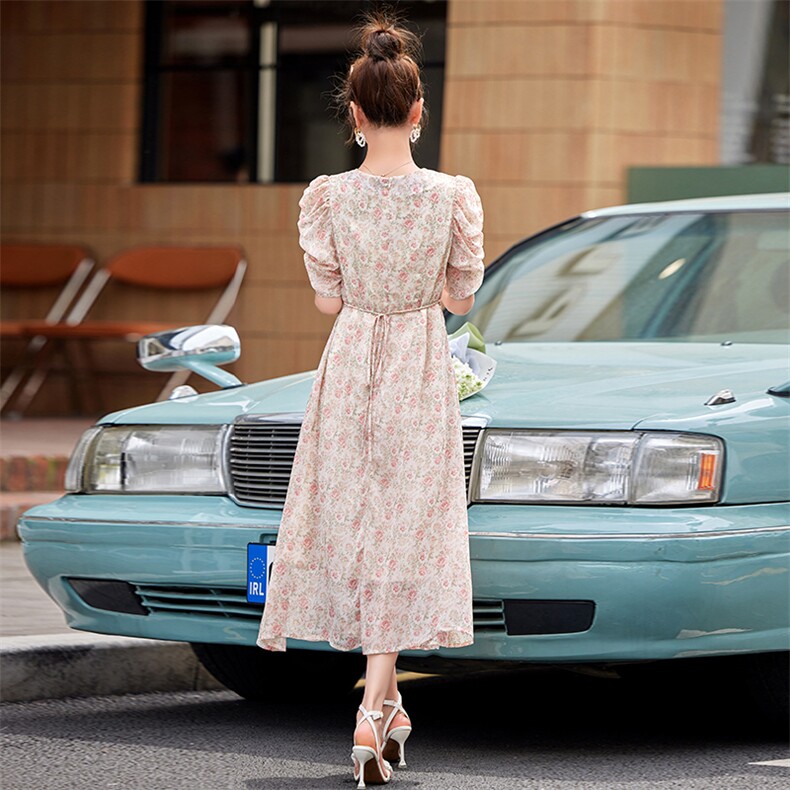 碎花雪纺连衣裙女2024年新款夏季女装韩版收腰显瘦v领中长款a字裙,商品下架区,贝蕾酷儿