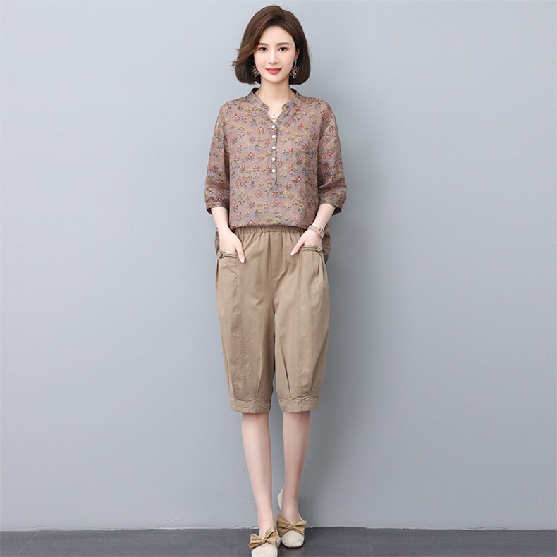 夏季纯苎麻上衣裤子两件套2022年夏季女款中年妈妈时尚套装,女装套装/套裙,忆绮罗