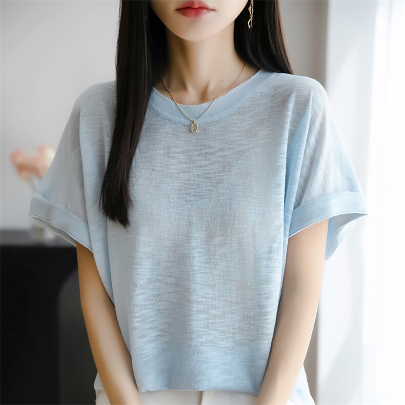 纯色简约软糯凉感夏季针织衫竹节麻冰丝圆领短袖t恤休闲体恤上衣,女装T恤,佳绒包芯纱店