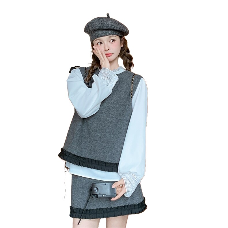 韩版灰色小香风套装裙女2025春秋季新款显瘦上衣马甲半身裙三件套,女装套装/套裙,2D148