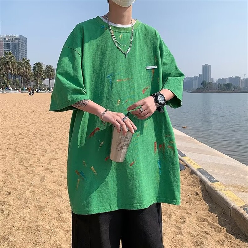 2023春夏季新款男纯棉水洗做旧涂鸦喷金五分袖BE10P38图片