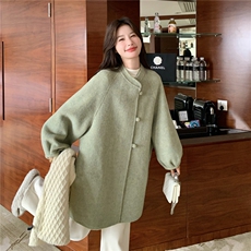 韩系chic绿色中长款双面羊绒大衣女秋冬新款超火好看毛呢加厚外套，女装短外套，2C262