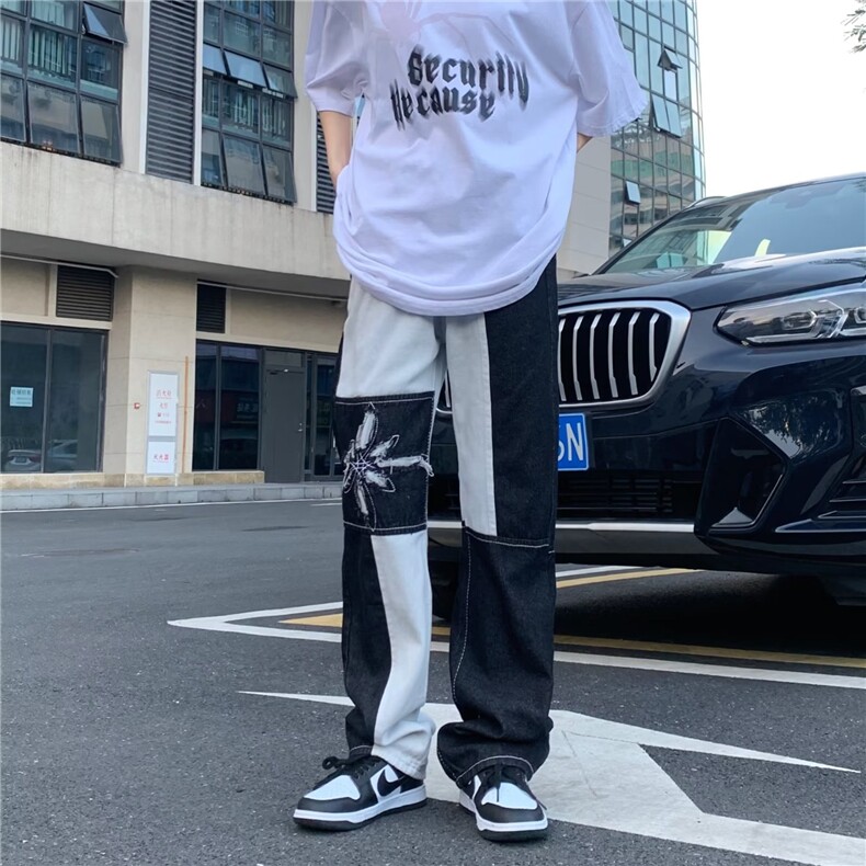 欧美高街vibe复古拼接牛仔裤男潮流撞色宽松直筒百搭CK35-P70,男装牛仔裤,星座1109-3