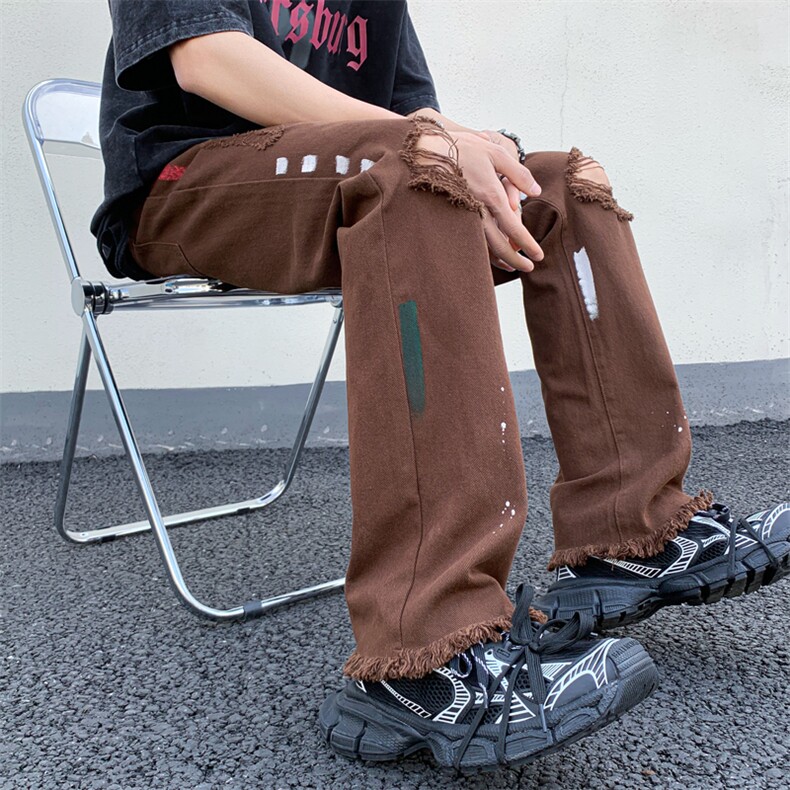 B221美式ins高街暗黑喷墨休闲破洞微喇牛仔裤LK23088-P65控88,男装牛仔裤,电商B221