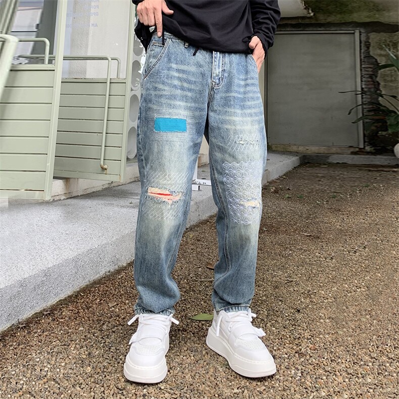 B230档2025秋冬新款破洞撞色补丁刺绣哈伦牛仔裤男9056P100,男装牛仔裤,电商B230