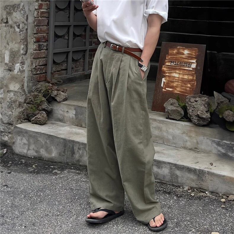 【量大价优】亚麻凉感休闲西裤复古宽松直筒阔腿裤K06025P55,男装西裤,星座1004（原星座815-3）
