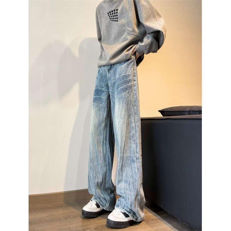 秋冬季美式高街vibe蓝色男潮直筒微喇cleanfit显瘦牛仔裤N145-P46,男装牛仔裤,星座1109-3