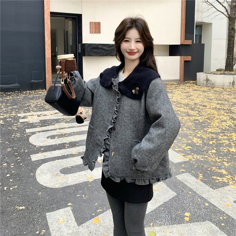 韩版学院风娃娃领毛呢白鸭绒外套女短款灰色气质减龄小个子羽绒服,女装羽绒服,艾米莉亚