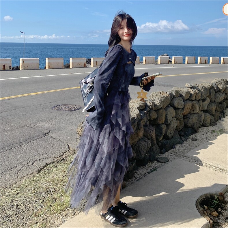 小清新不规则网纱吊带连衣裙套装女春秋2025新款独特超好看长裙子,女装套装/套裙,2C012