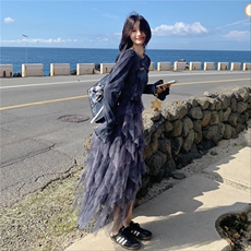 小清新不规则网纱吊带连衣裙套装女春秋2025新款独特超好看长裙子，女装套装/套裙，2C012