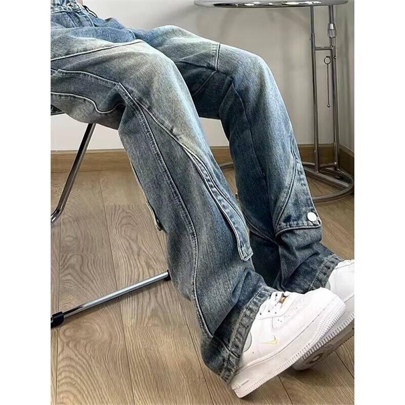 有货 设计感纽扣微喇叭牛仔裤男女美式复古小众直筒裤潮LGT40-P52图片