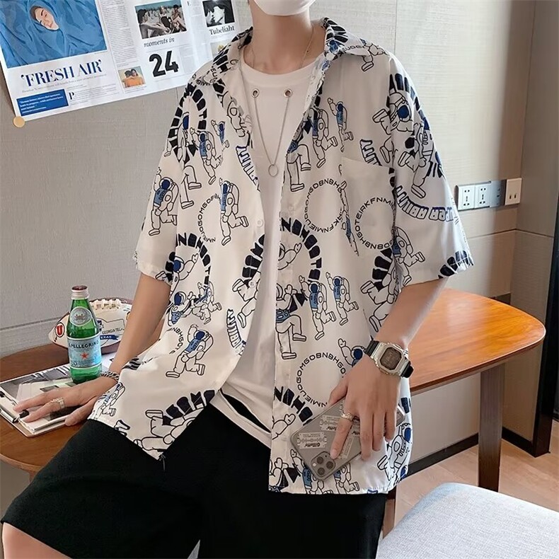 涂鸦衬衫设计感小众短袖衬衣夏季韩版男装宽松外穿上衣原宿风半袖图片