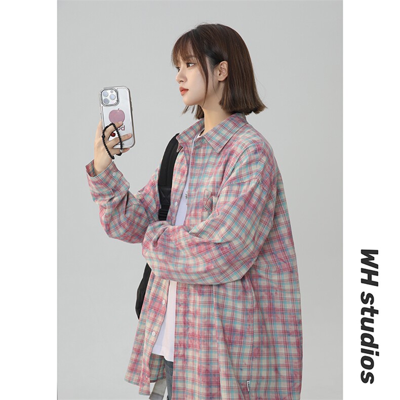 潮情侣美式晕染撞色格子衬衫宽松长袖XZ225-3-CS10-P40控69，男装衬衫，星座225-3
