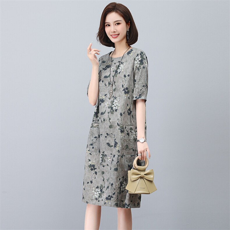 高端棉麻连衣裙女2025夏季新款宽松休闲中年妈妈薄款亚麻碎花裙子,女装连衣裙,独衣靓