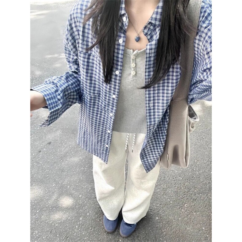 TC660-p45蓝色格子条纹长袖衬衫女2026春秋新款慵懒风衬衣,女装衬衫,星座617A-2