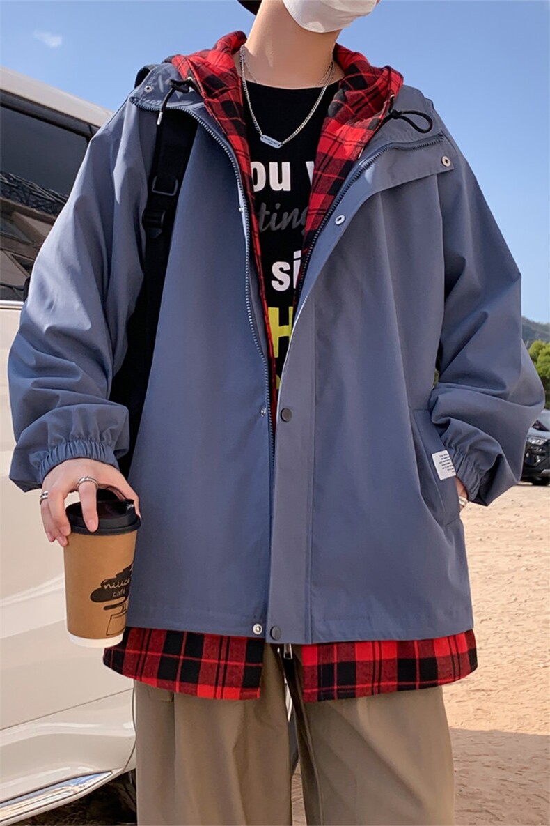 JK6006/P75春装新款假两件格子撞色连帽夹克男潮宽松大码上衣控99,男装夹克,电商A141