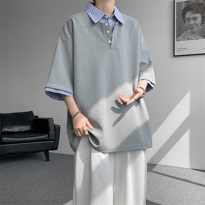 8XL-M假两件衬衫领短袖T恤大码夏季条纹拼接polo衫半袖DX1211/P45图片