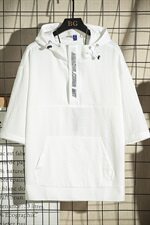 T008-P35大码短袖卫衣男T恤夏季连帽t恤亚麻中国风五分袖帽衫潮，男装T恤，电商B369（原A024）