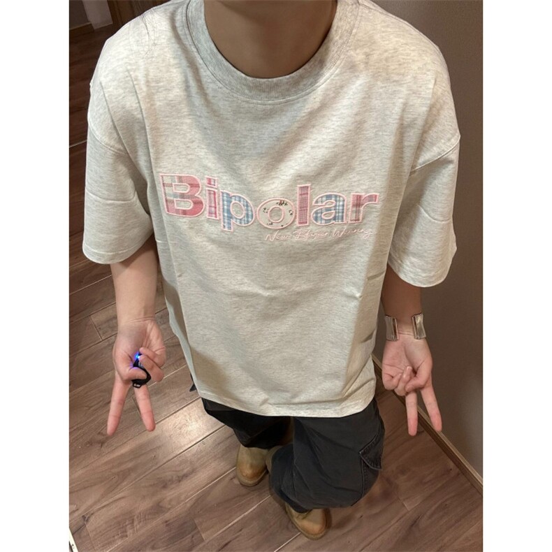 H0857-P35贴布刺绣螺纹领+包边拉肩休闲短袖T恤,女装T恤,星座617A-2