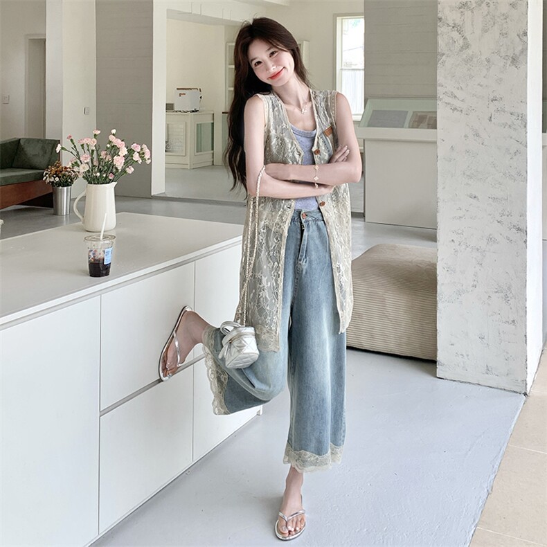复古时尚中长款蕾丝马甲九分阔腿裤套装女2025夏新款设计感两件套,女装套装/套裙,2C159