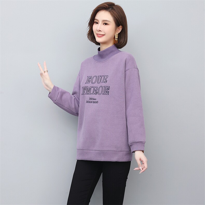 2025冬季加绒卫衣女无帽加厚中年咖色大码宽松半高领外套遮屁股,女装卫衣/绒衫,独衣靓